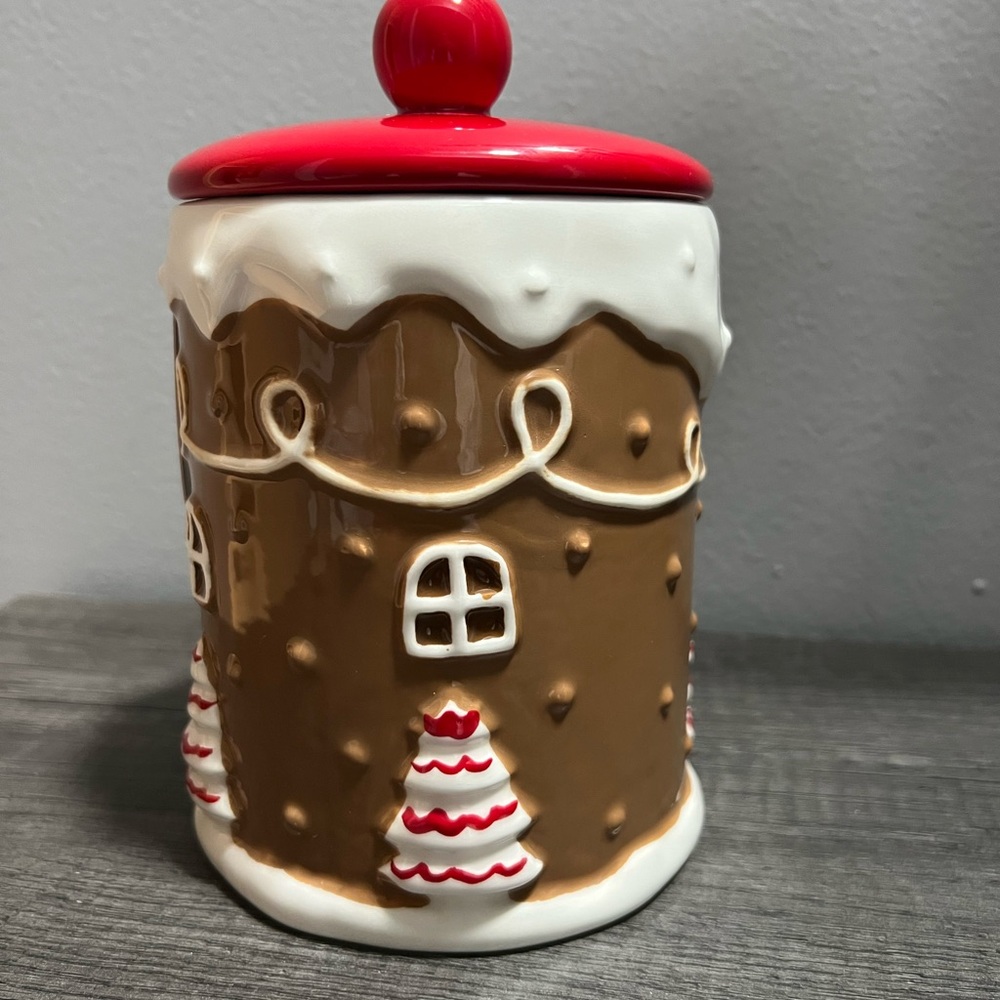Festive Gingerbread House Cookie Jar with Red and Brown Accents - Picture 2 of 5